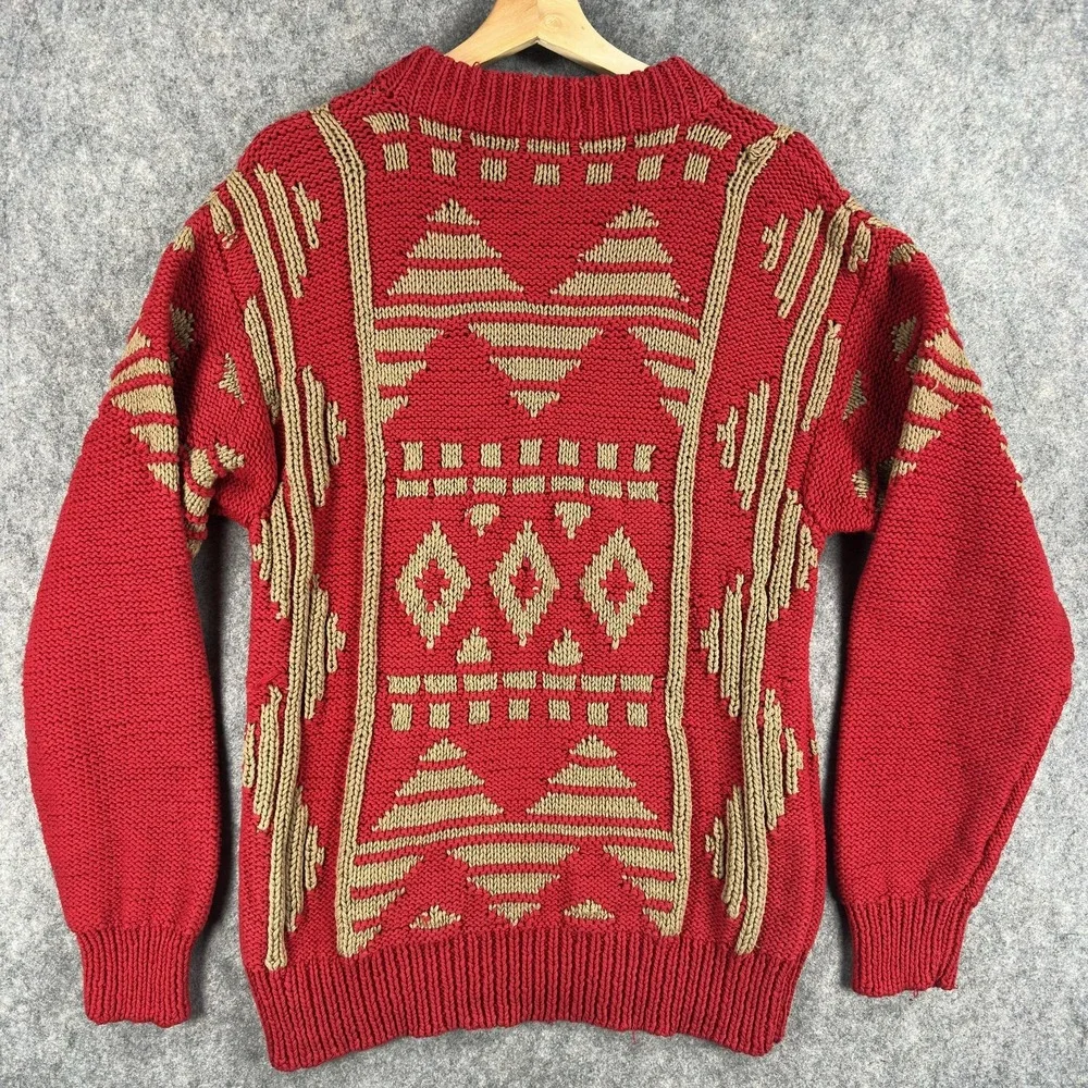 Vintage Banana Republic Sweater Mens Medium Red Cotton Tribal Chunky Crewneck